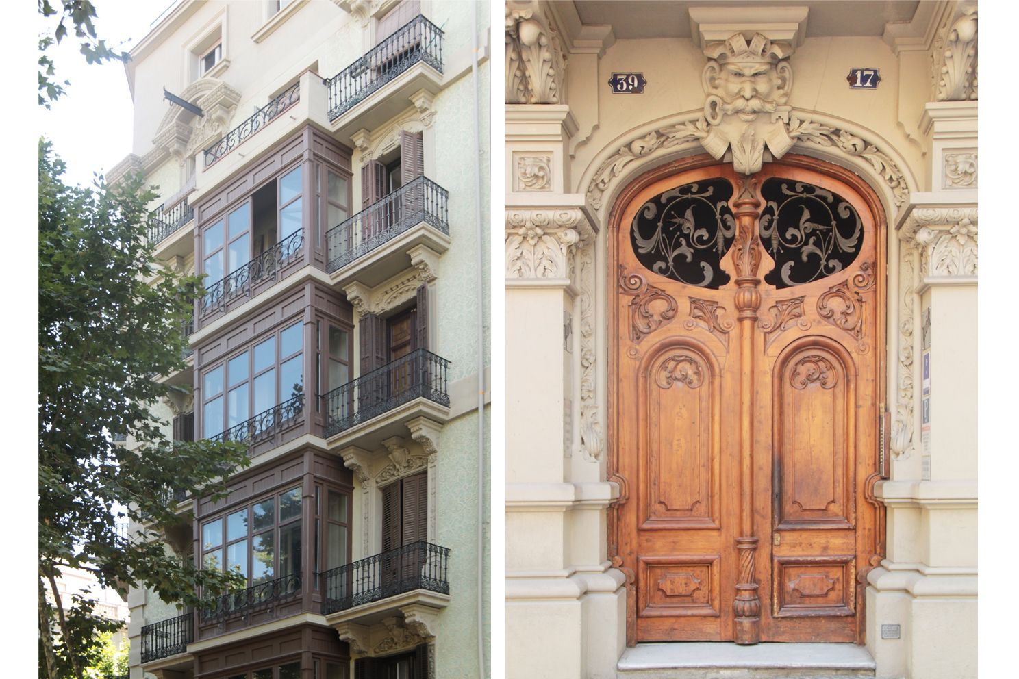 Fachada ornamentada con balcones y una puerta de entrada de madera elaboradamente tallada.