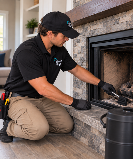 Technician in black uniform kneels by a fireplace, cleaning the glass with gloves on. Technician in black uniform kneels by a fireplace, cleaning the glass with gloves on.