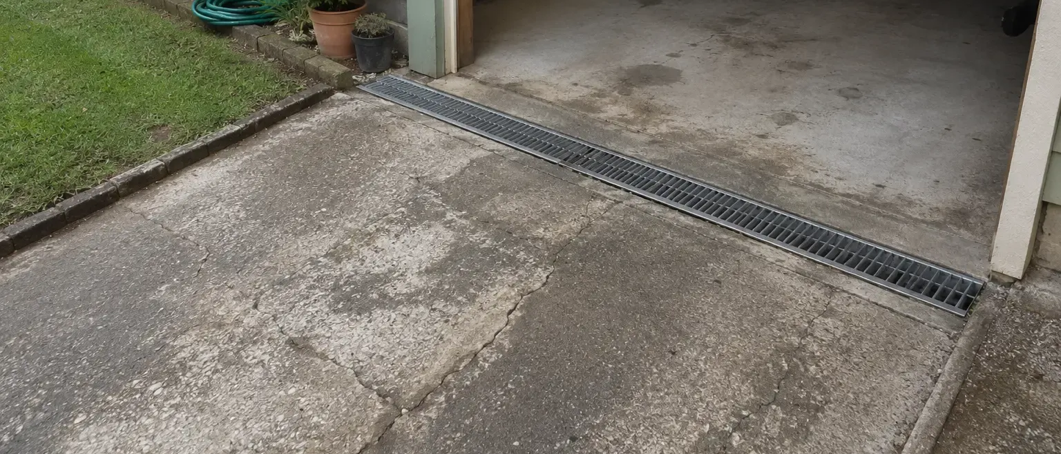 Entry channel strip drain installed to intercept water before it reaches this shed in Childers, QLD