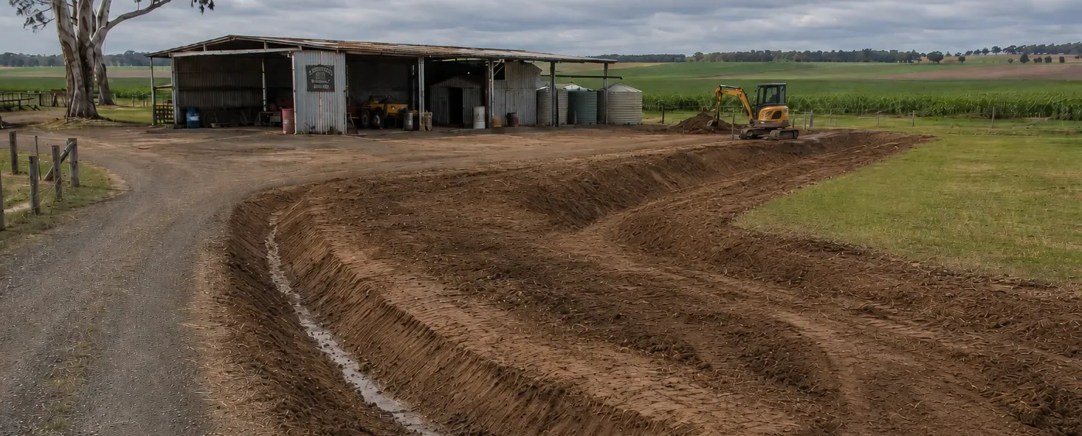Installing swales to keep runoff off the access road and shed entry. Yandaran, Bundaberg.