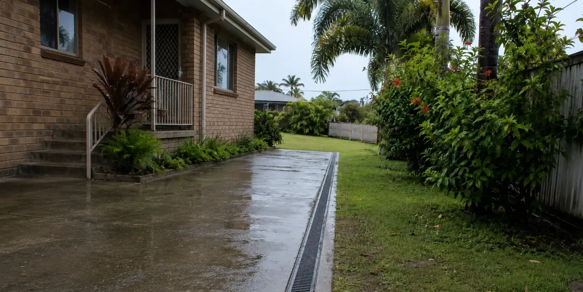 Drainage grate installed along the edge of this concrete section to catch runoff that was pooling  in Thabeban, Bundaberg.