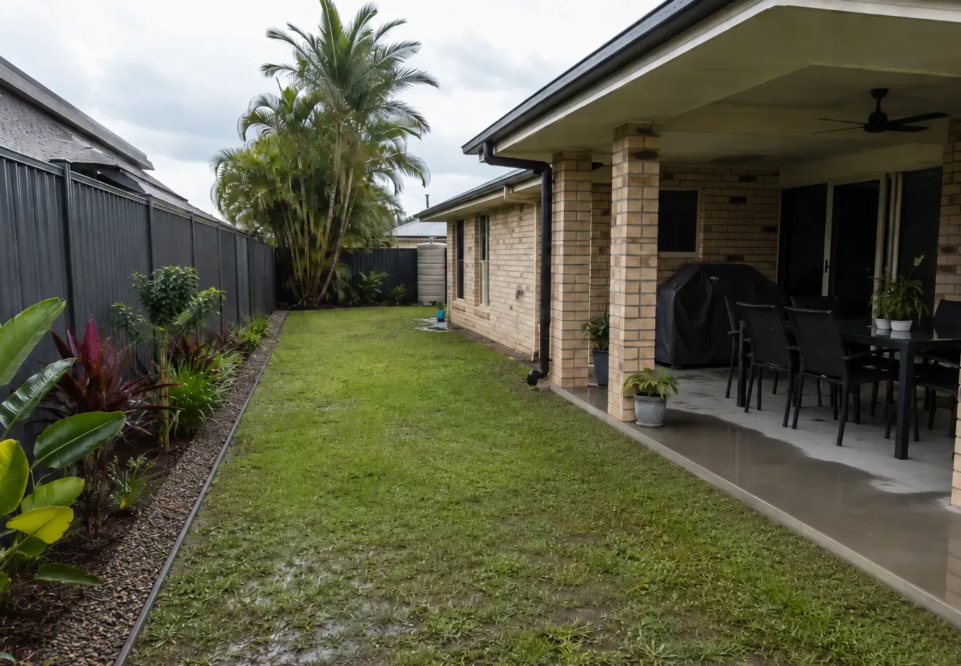 French drain installed on the low side of this yard, along the garden edge in Walkervale, Bundaberg.