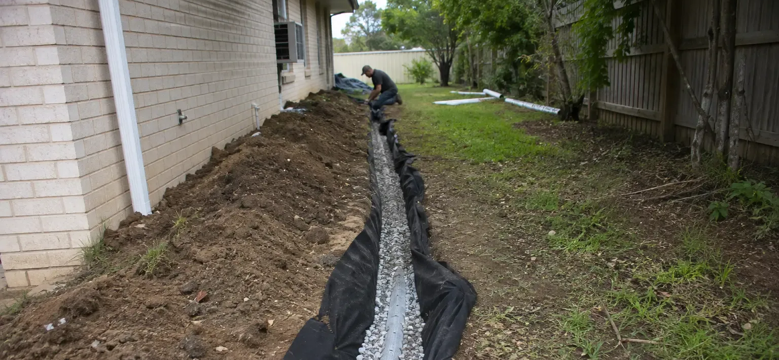Installing a long French drain along the side of this house in Kepnock, Bundaberg