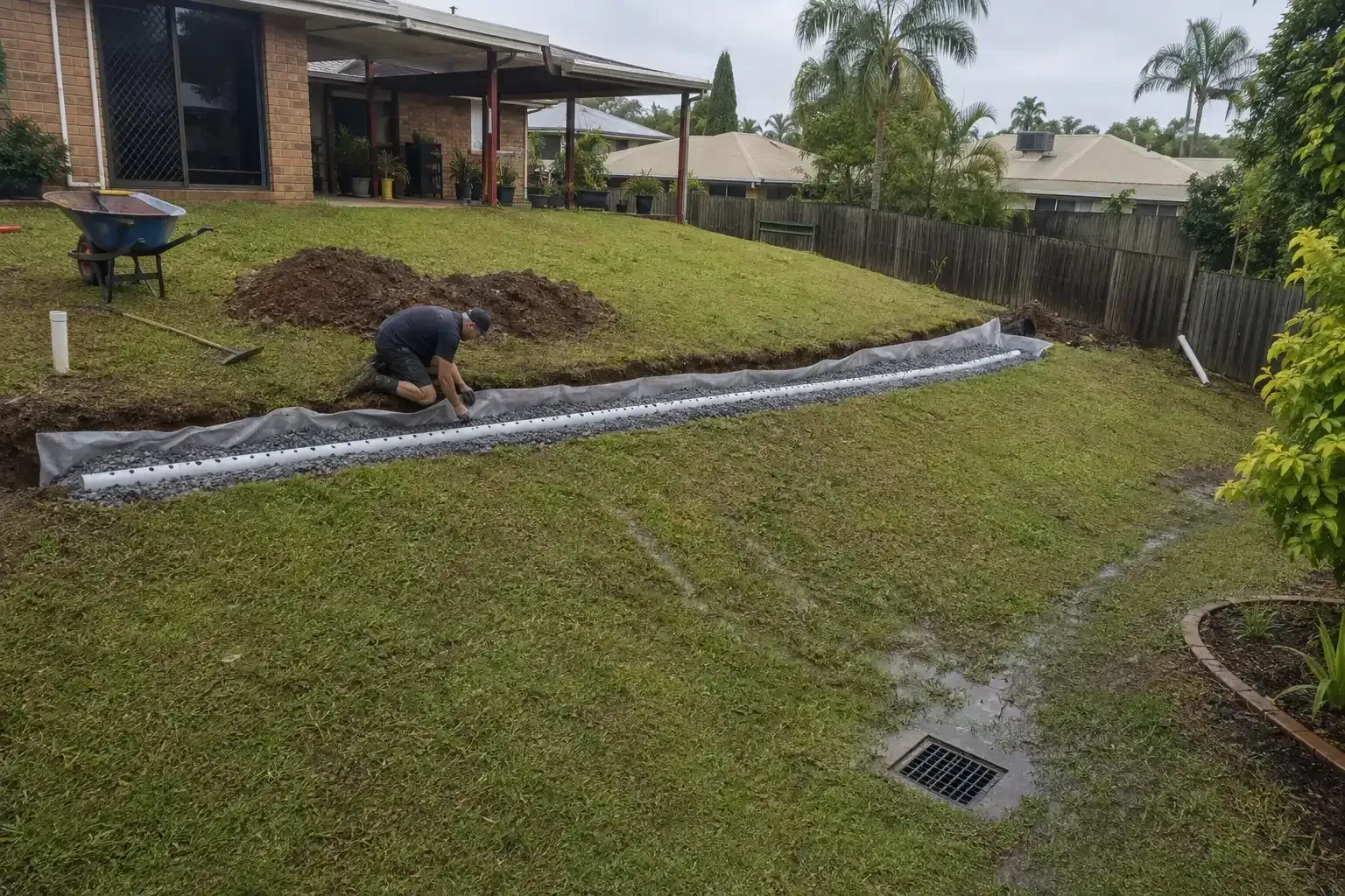 Installing a French Drain to intercept subsurface water on this steeply sloping block in Bargara.