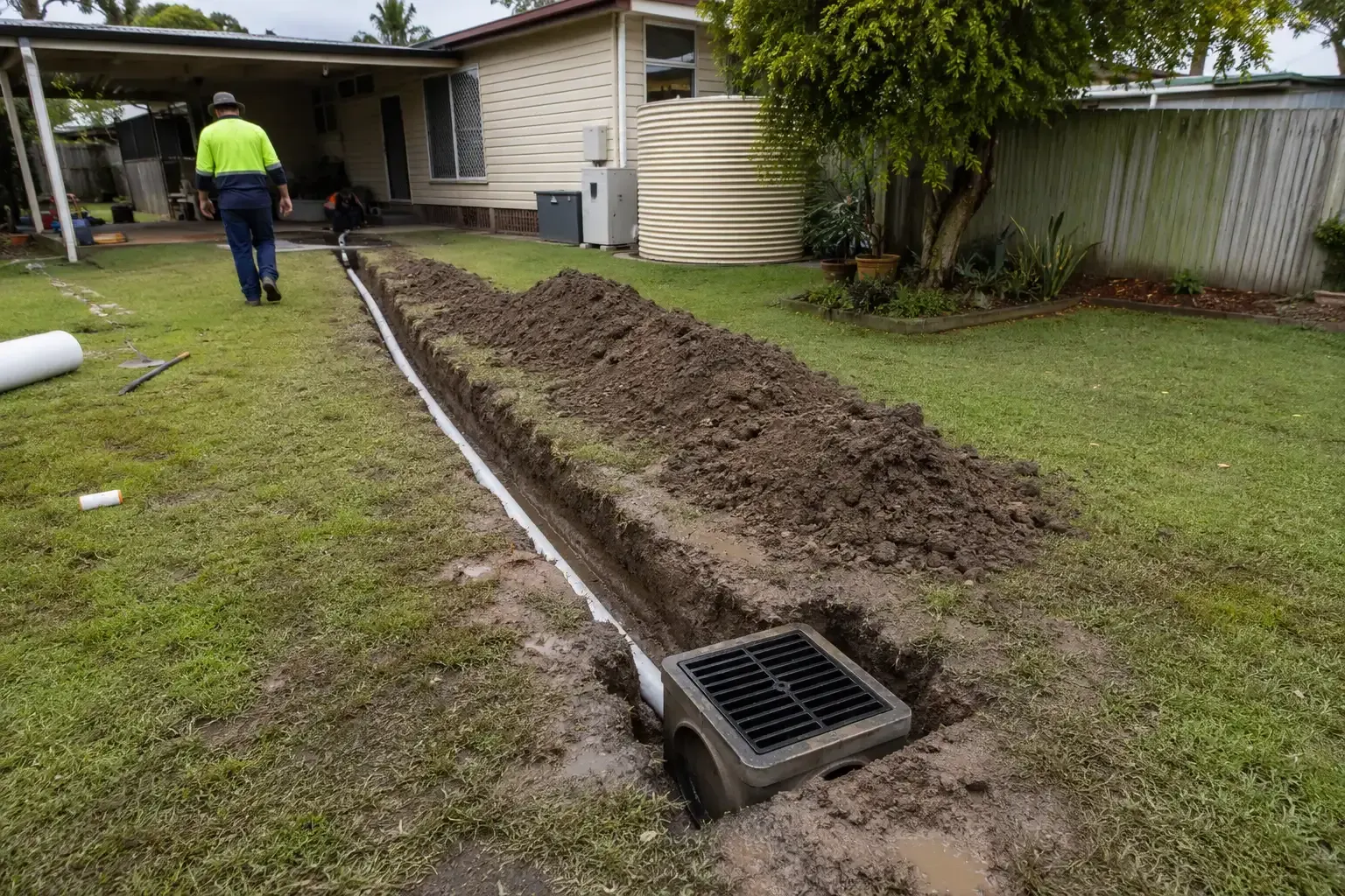 Grated drain and pipe in place before backfilling the trench in Norville, Bundaberg.