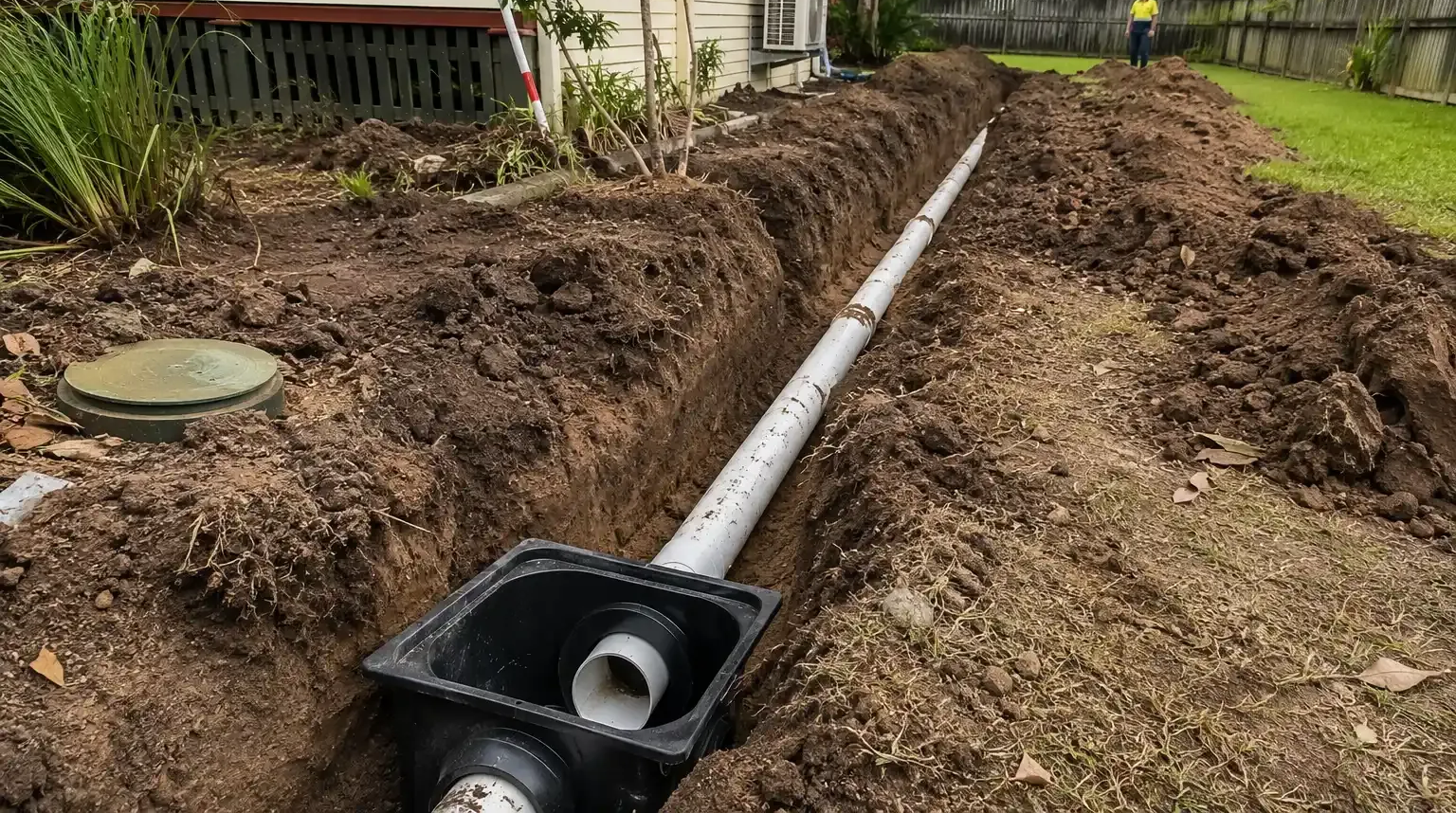 Residential drainage trench, with ag pipe and inlet drain in place in Kensington, Bundaberg.