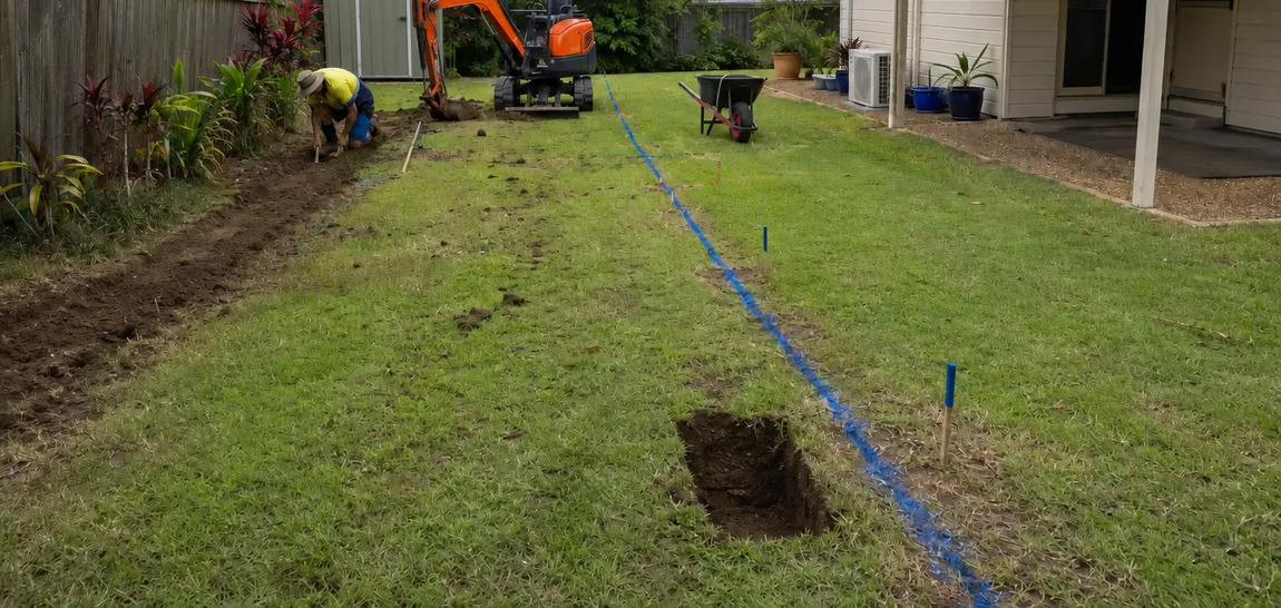 Drainage planning in progress i Bundaberg yard.