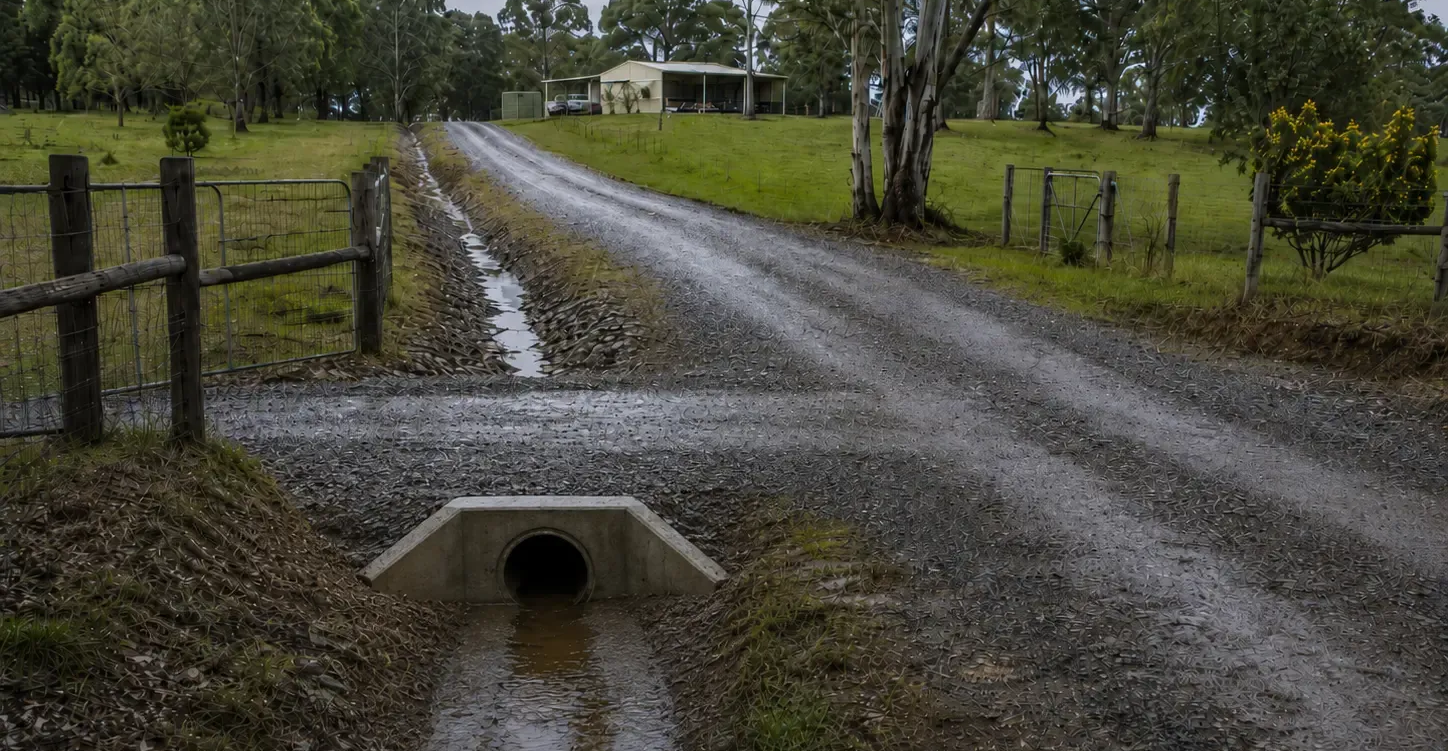 Reinforced rural access road culvert at a property near Torbanlea, Fraser Coast.