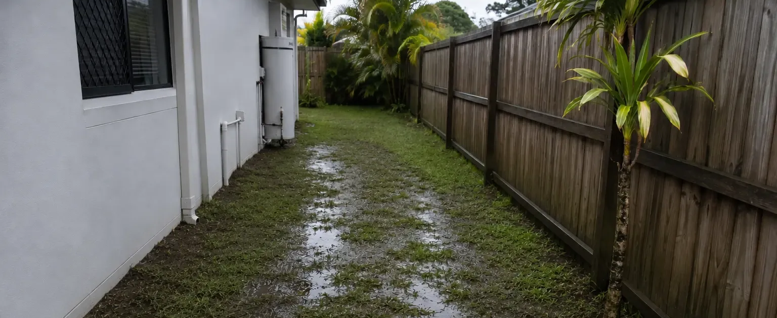 Boggy section of lawn along the side of this house in Ashfield, Bundaberg.