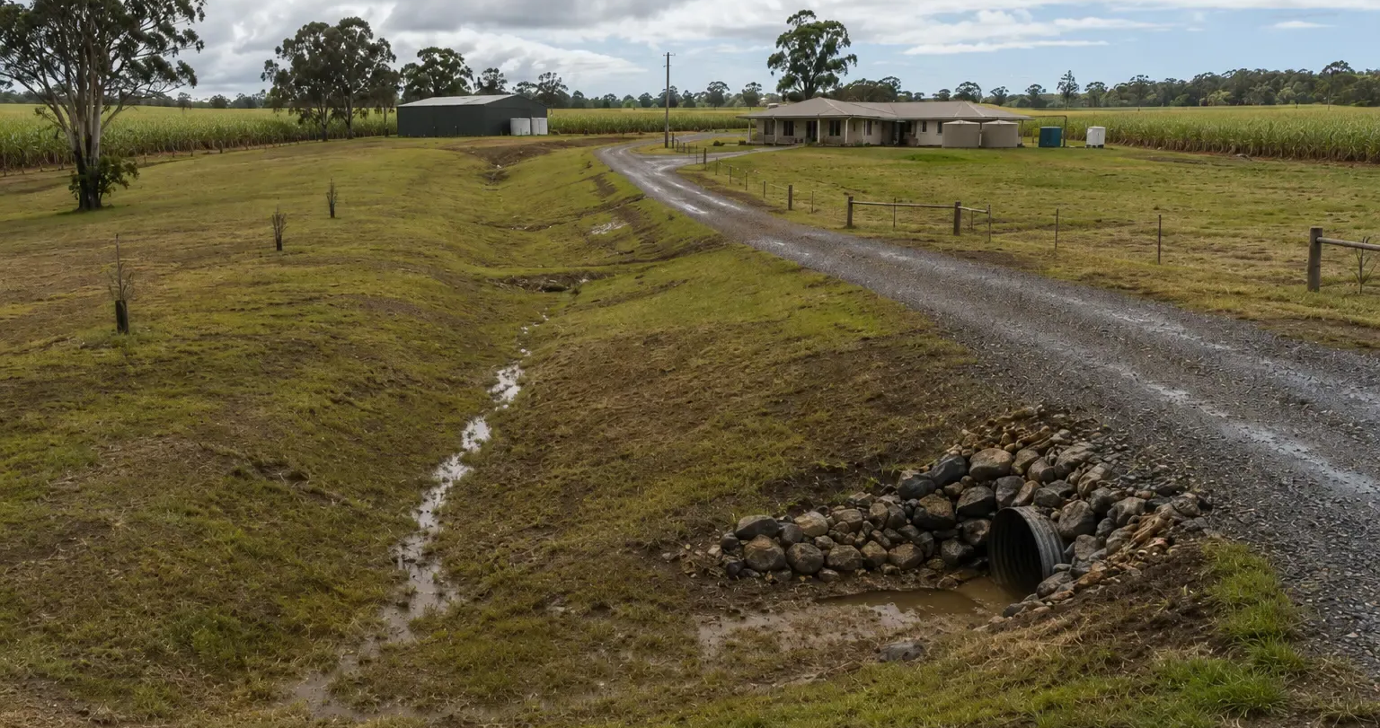 Swales and a culvert keeping this access road usable after rain near Childers, QLD.