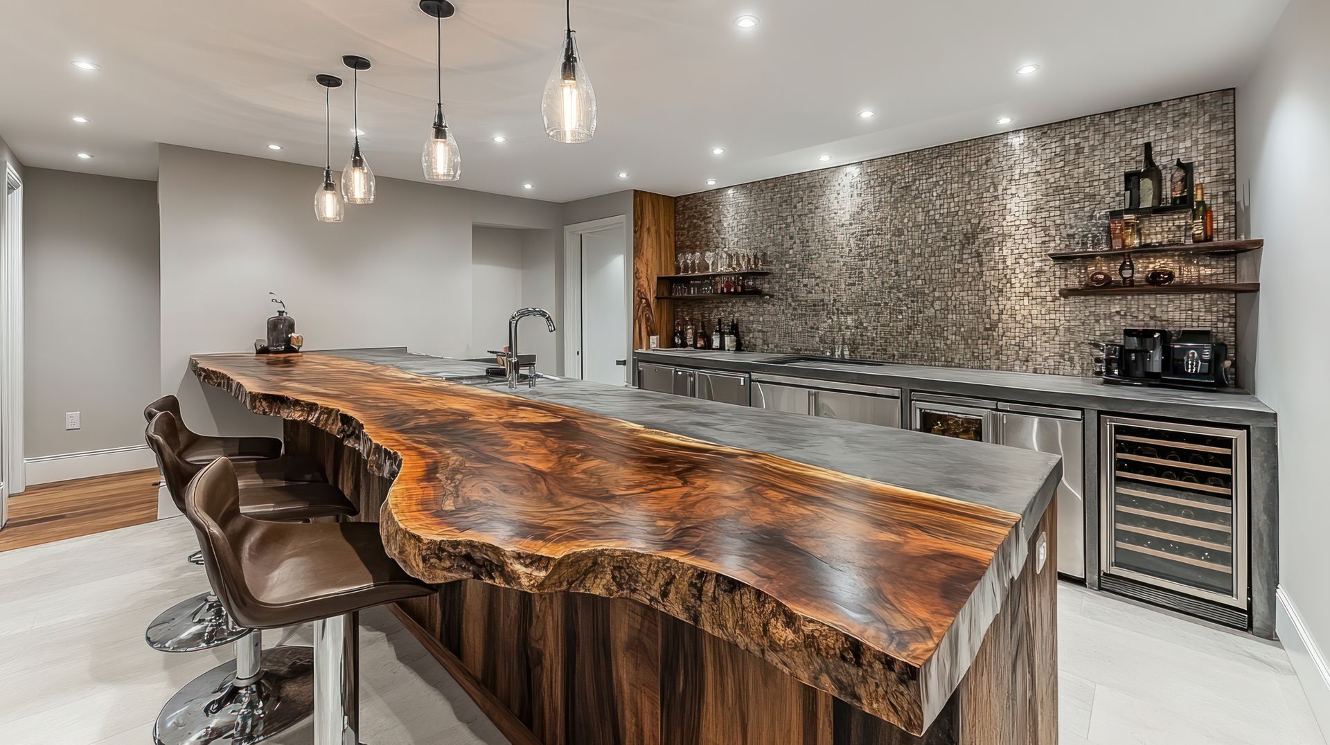 Basement bar with live-edge wood counter, stools, and stone backsplash. Stainless steel appliances and pendant lights.