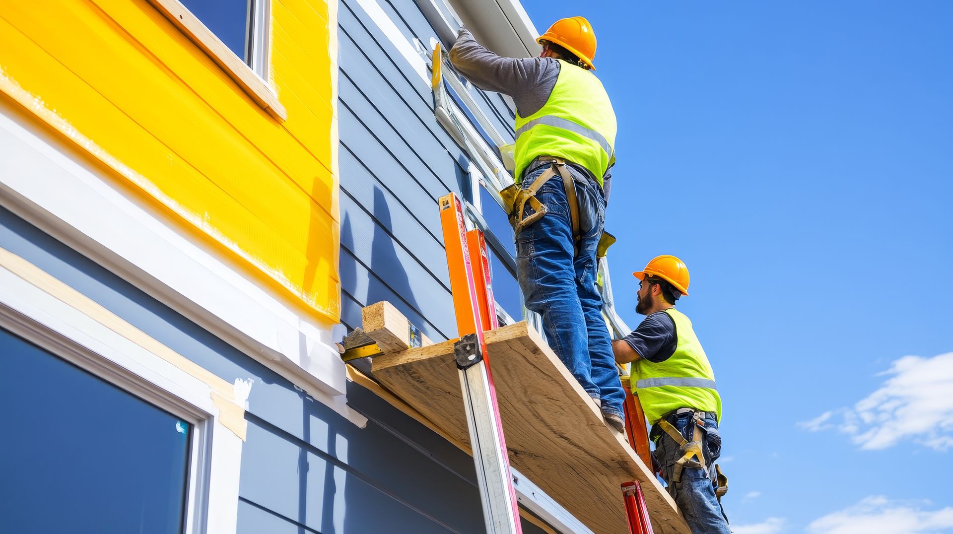 Two construction workers in safety gear on a scaffold installing siding on a building with blue and yellow panels.