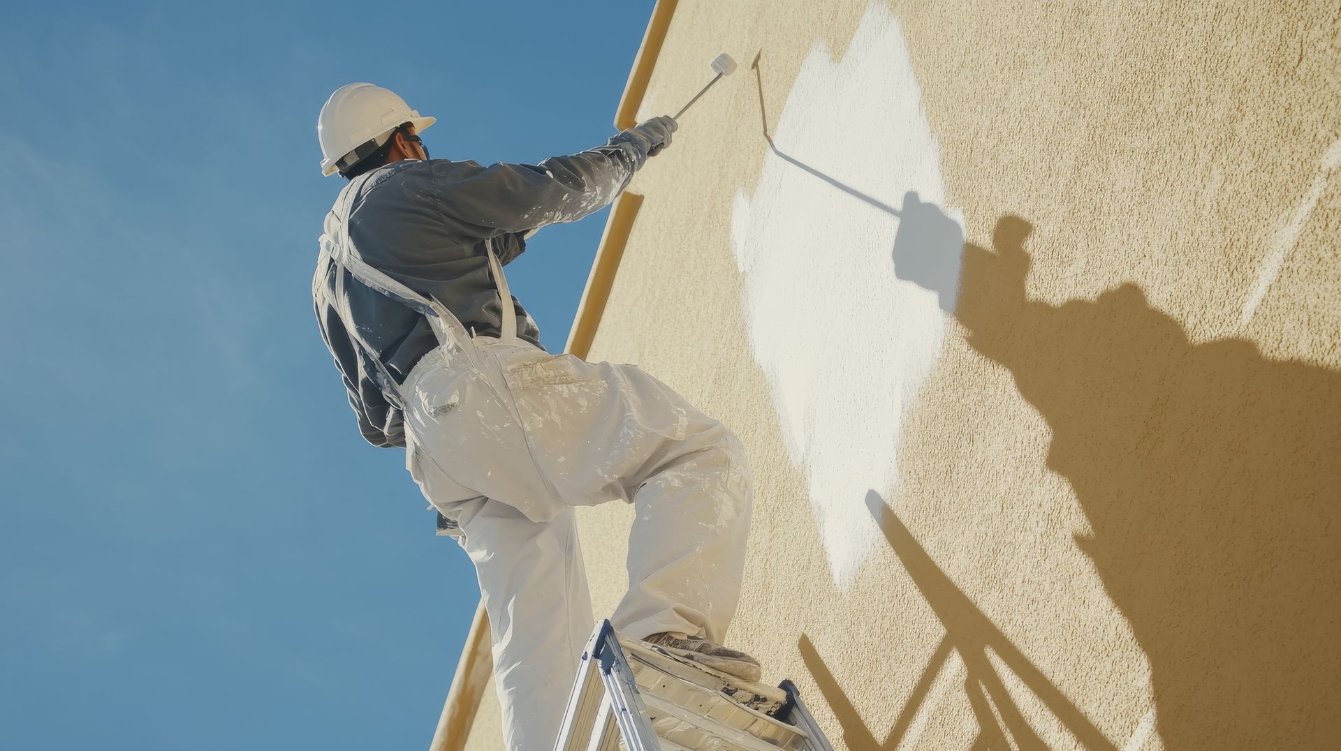 Painter on a ladder applies white paint to a beige exterior wall under a clear blue sky.