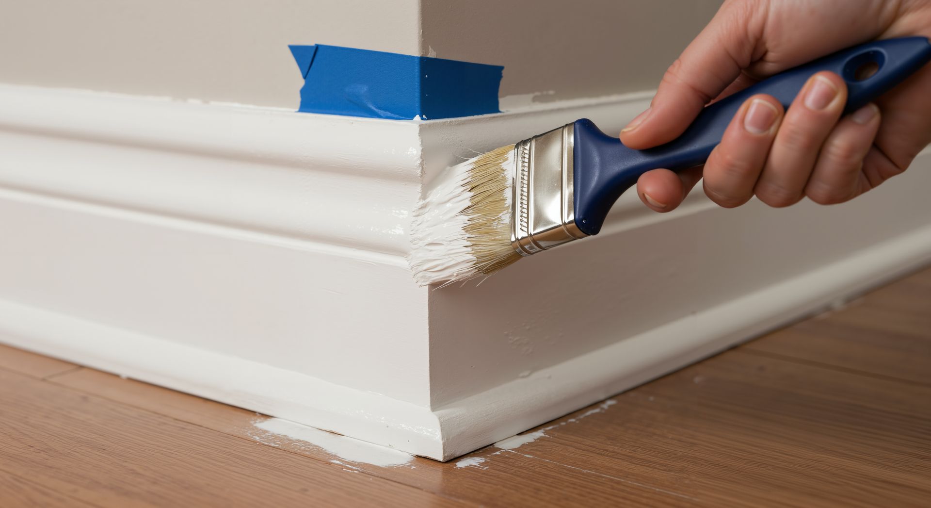 Person painting white trim with a paintbrush. Blue painter's tape protects the wall.