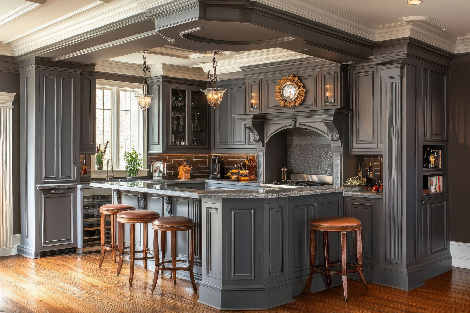 Gray kitchen with island, brown stools, hardwood floors, and ornate ceiling detail.