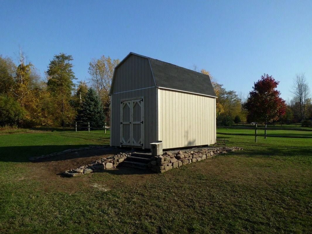 Tan shed with a black roof, in a grassy yard, with fall foliage and a blue sky in the background.