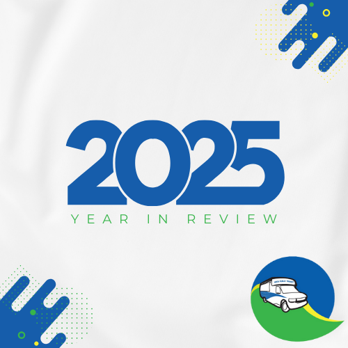 Blue “2025” year-in-review graphic on a white background with small blue-green logo icons.