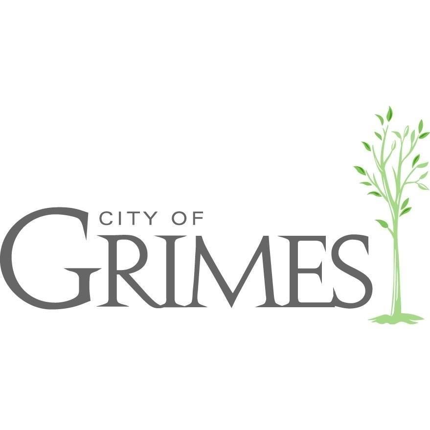 City of Grimes logo with gray text and a green tree icon