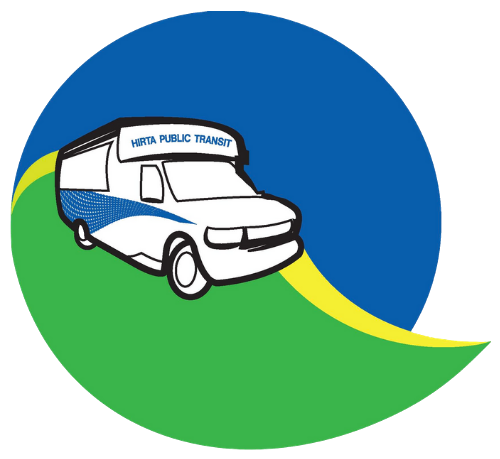 Logo of a white public transit van on a blue, green, and yellow circular background