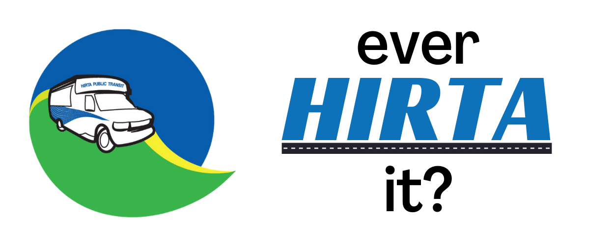 Logo with a white car on a green road in a blue circle, beside the text “ever HIRTA it?”