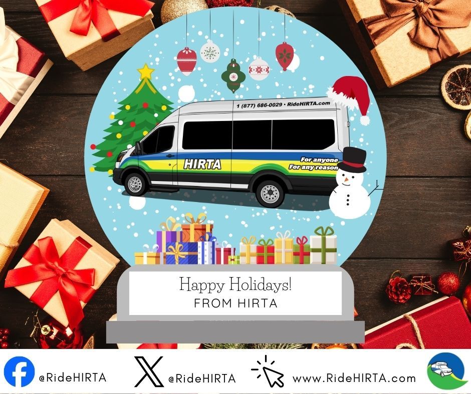 Holiday greeting card with a blue minibus, gifts, tree, snowman, and “Happy Holidays” text.