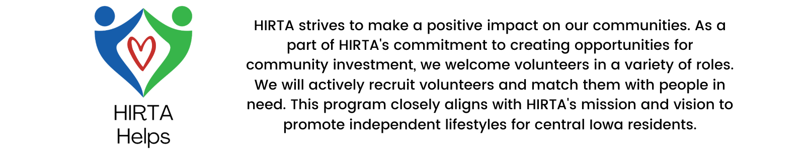 HIRTA logo with heart pin and mission statement about improving mobility and connecting communities