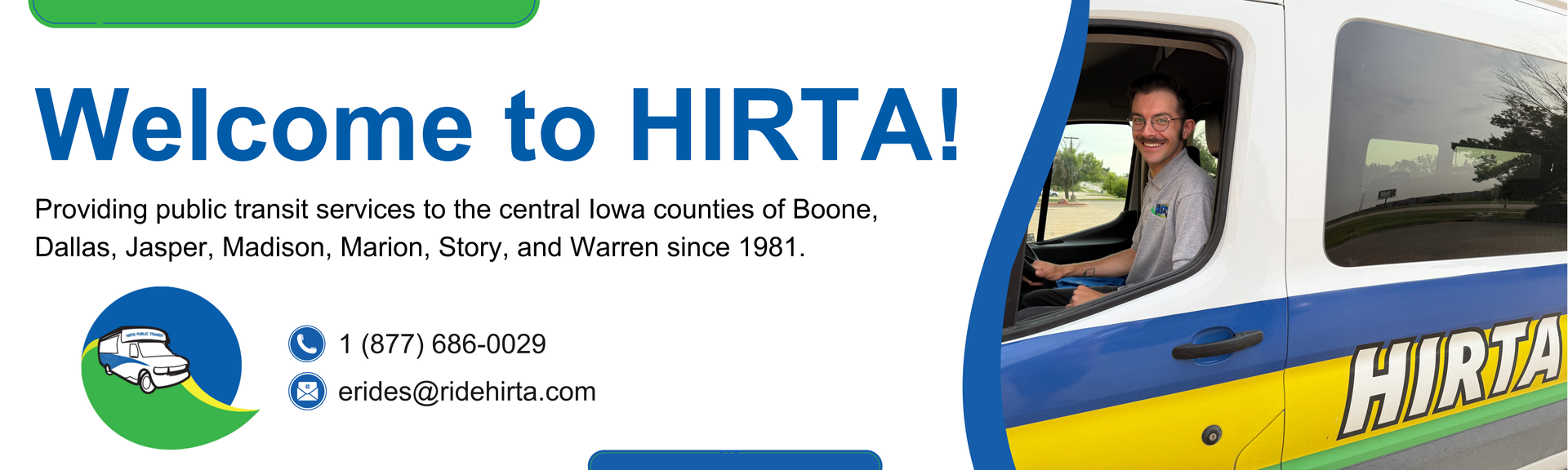 HIRTA welcome banner with contact info and a colorful bus on the right side