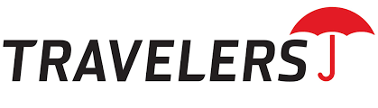 Travelers insurance logo: black text with a red umbrella over the