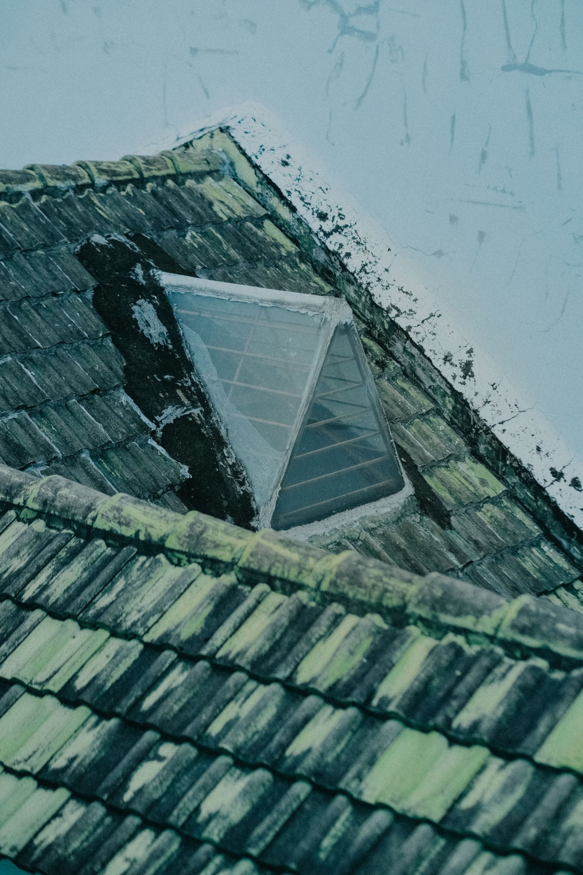 Shingled roof with a triangular skylight under a blue sky