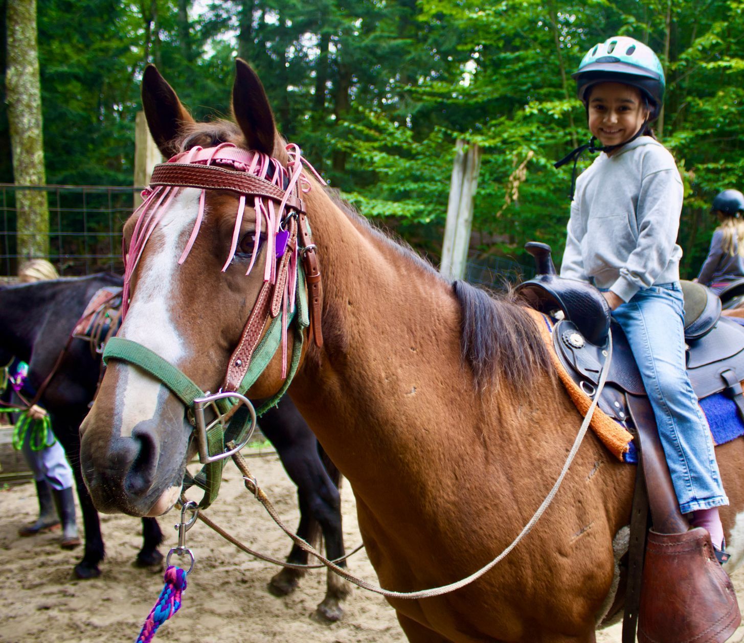 Child in a helmet smiles while riding a brown horse; outdoors, trees in background.