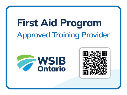 First Aid Program approved training provider sign with WSIB Ontario logo and QR code