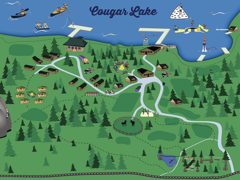 A map of cougar lake with a lake in the background