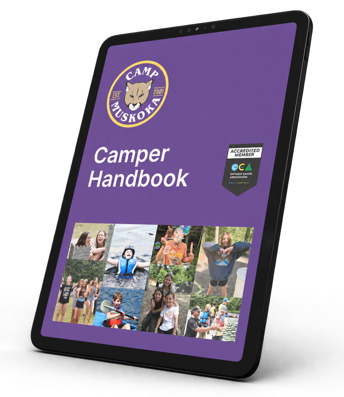 Tablet displaying the Camp Muskoka Camper Handbook cover: purple background, logo, photos of campers.