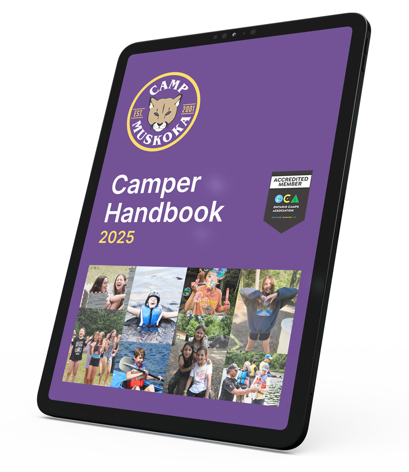 Tablet displaying the Camp Muskoka Camper Handbook 2025 cover: purple background, logo, photos of campers.
