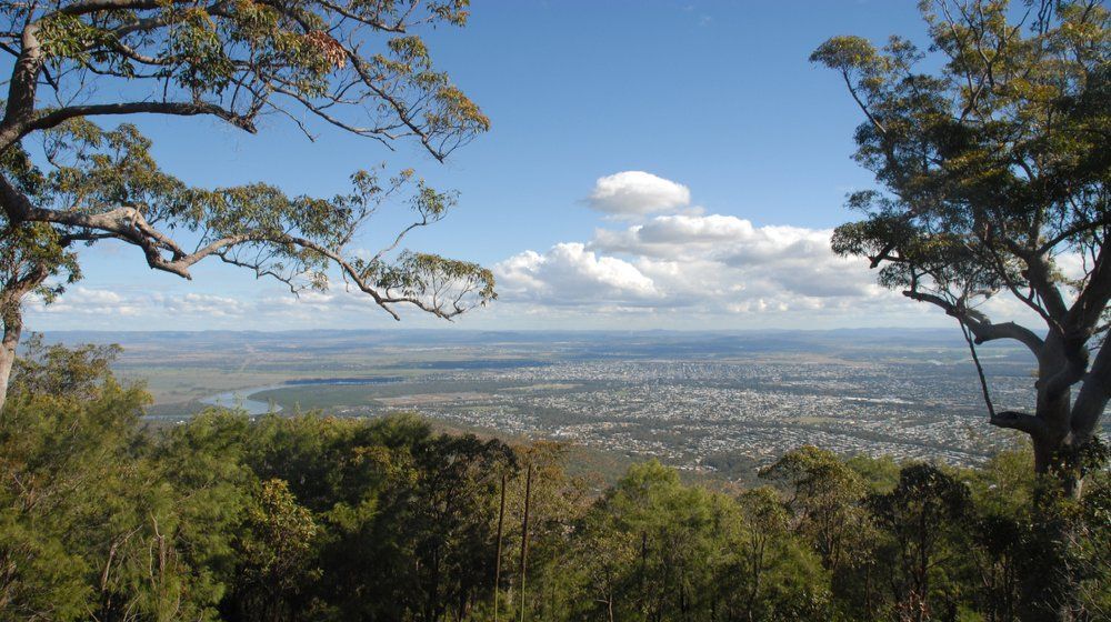 A view of a city from a hill with trees in the foreground — Chilltech Air Conditioning & Refrigeration In Rockyview, QLD