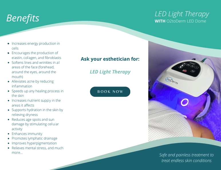 LED light therapy promo with a treatment device, benefits list, and “Book now” button on a teal background