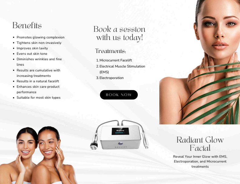 Spa ad for “Radiant Glow Facial” with benefits list, booking info, facial device, and model portraits