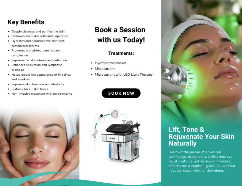 Skin rejuvenation spa ad with treatment device, smiling faces, benefits list, and book a session call to action