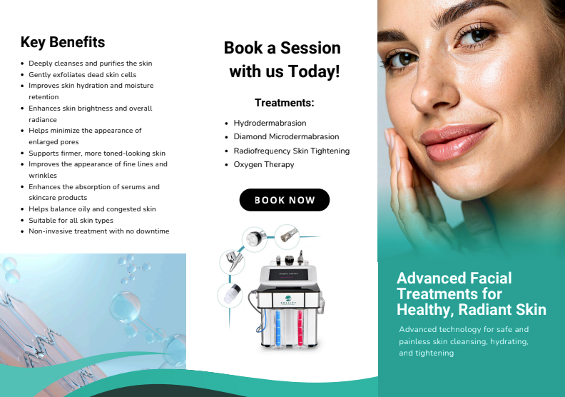 Cosmetic clinic ad for advanced facial treatments, with key benefits, booking prompt, and skincare device imagery