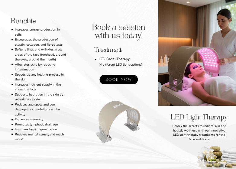 Promotional layout for LED light therapy with benefits list, book-a-session text, and treatment room photo