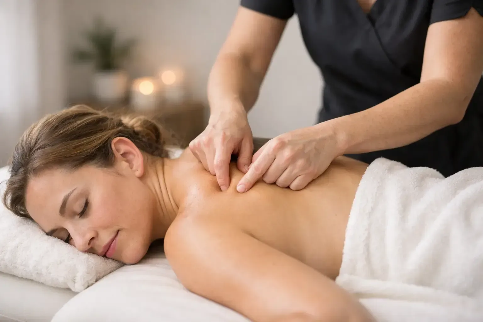 Massage therapist kneading a woman’s shoulders as she lies face down on a massage table