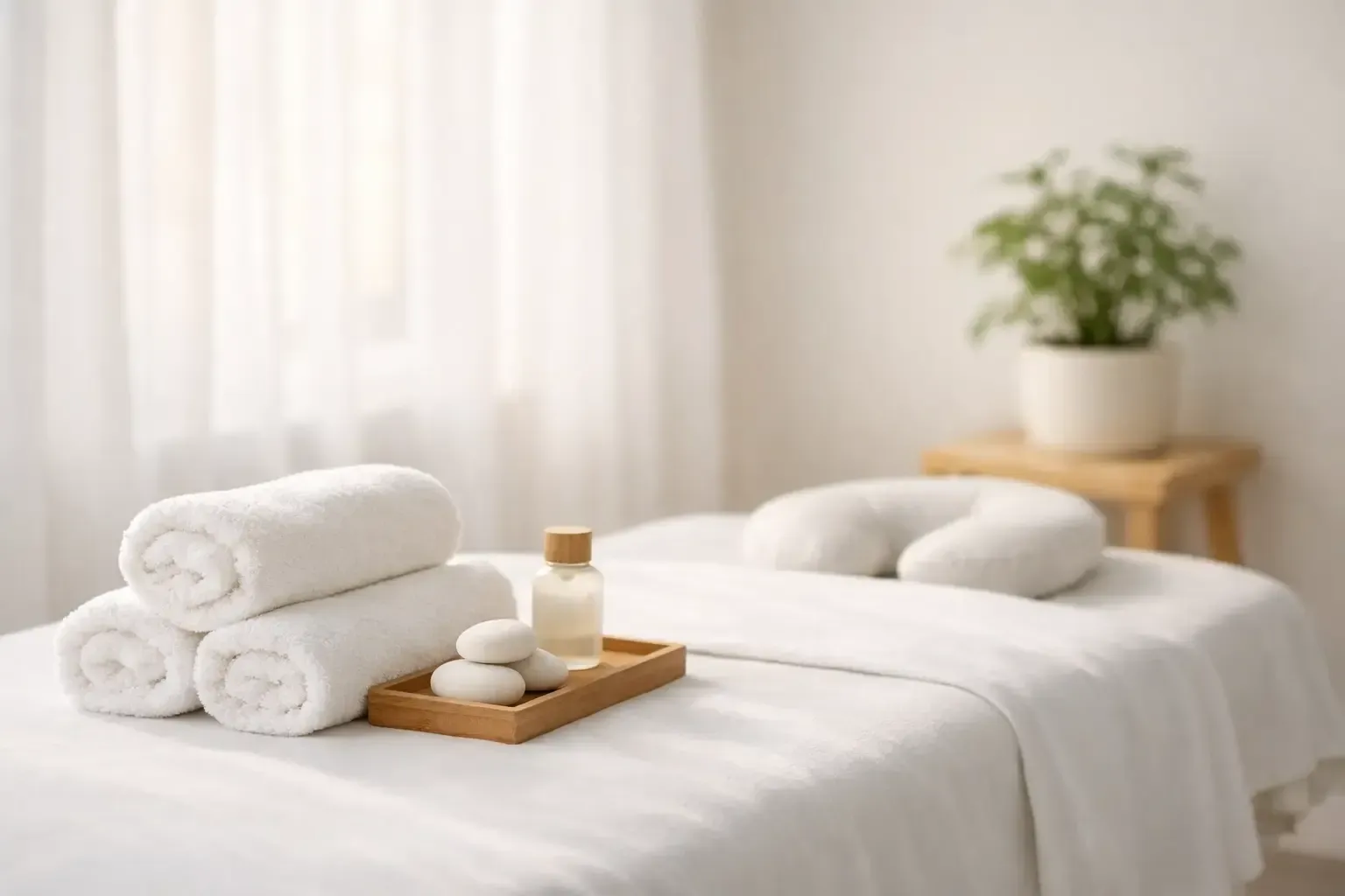 Hands folding white towels beside a small bowl in a soft spa setting