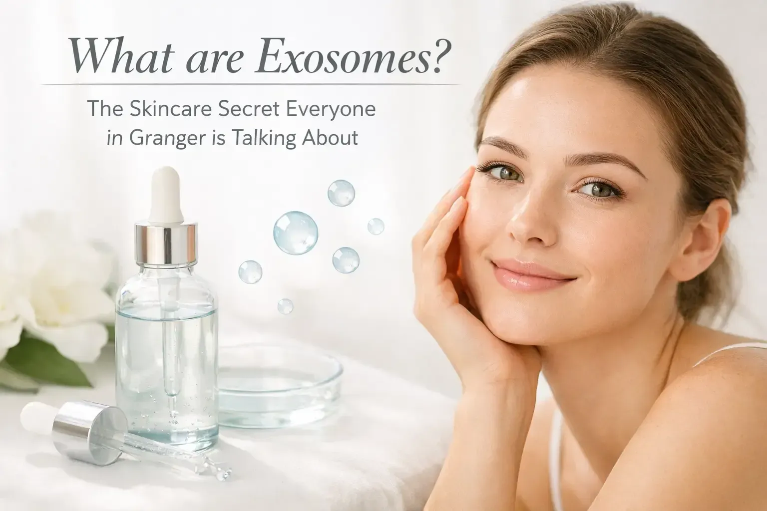 Skincare ad with text “What are Exosomes?” and a woman beside serum bottles on a white background
