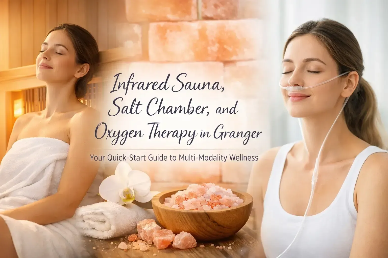 Wellness spa ad with women relaxing in infrared sauna, salt chamber, and oxygen therapy room