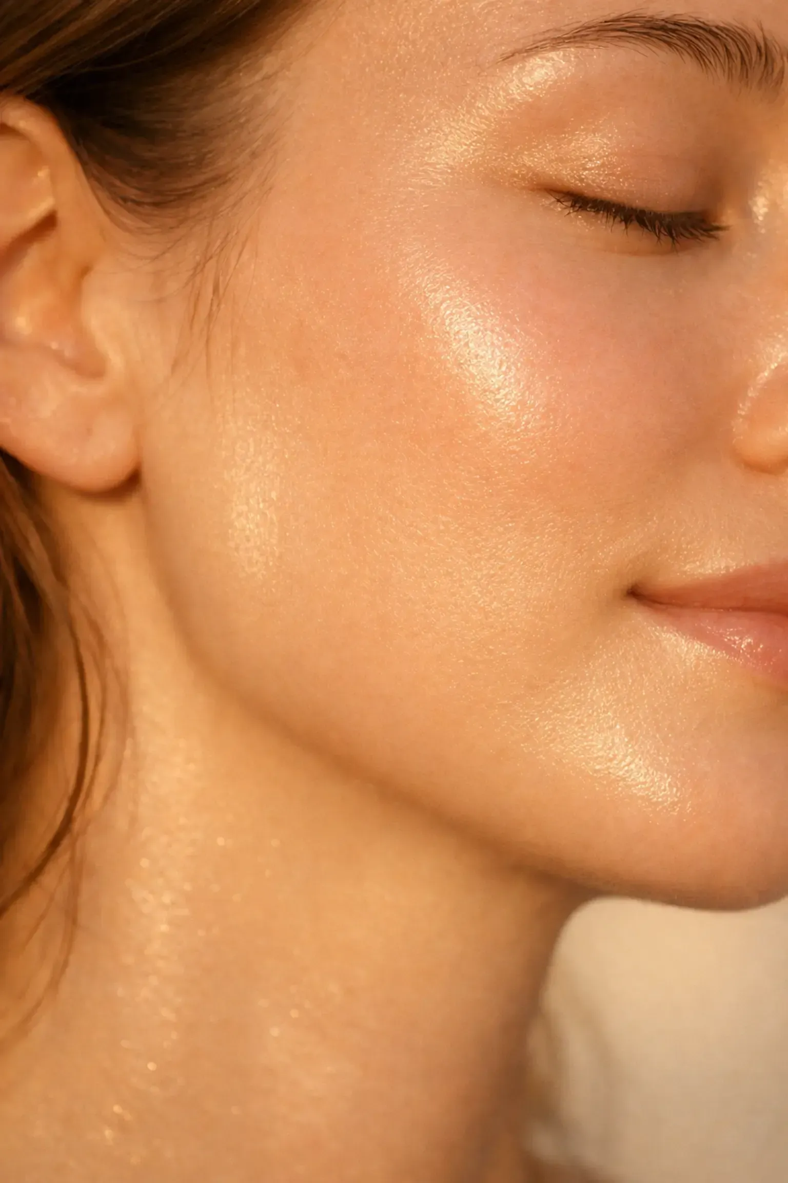 Close-up of a person’s face with closed eyes and dewy, sunlit skin, highlighting cheek and jawline