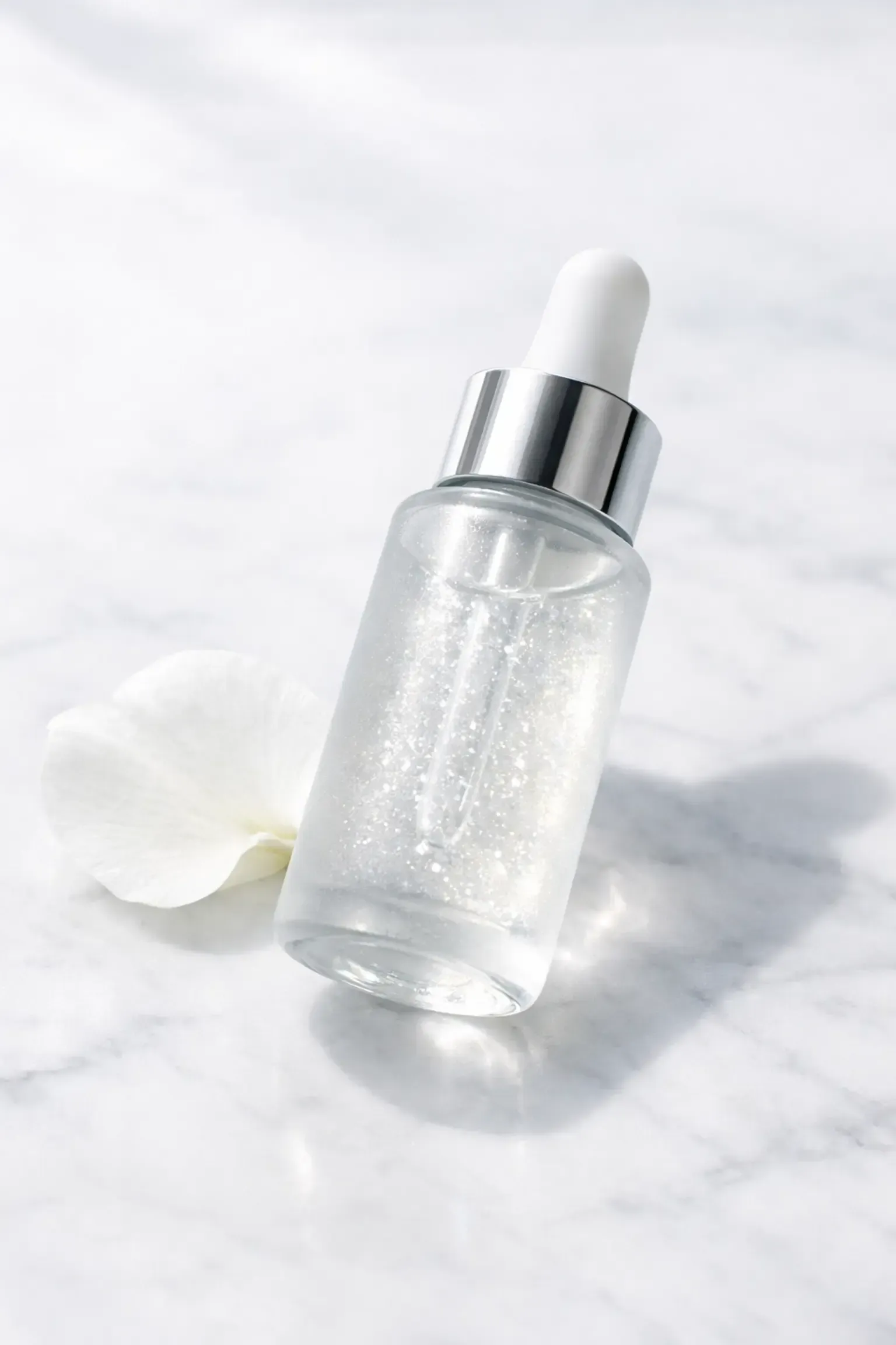 Clear cosmetic serum bottle with silver dropper cap on a white surface, beside a white flower