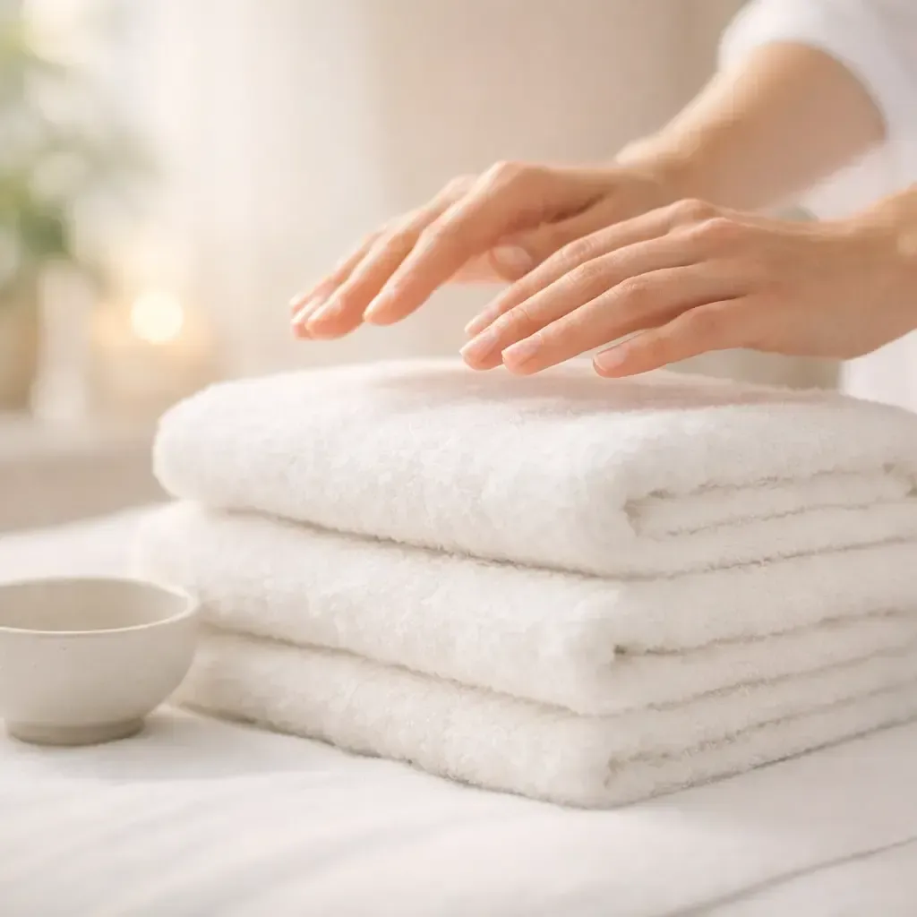 Hands folding white towels beside a small bowl in a soft spa setting