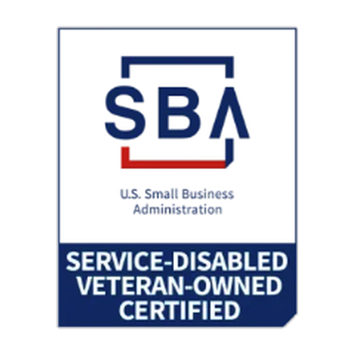 SBA Service-Disabled Veteran-Owned Certified logo: Blue and red SBA logo with 