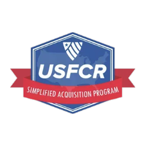 Logo for the US Federal Contractor Registration's Simplified Acquisition Program. Blue and red, with a USA map.
