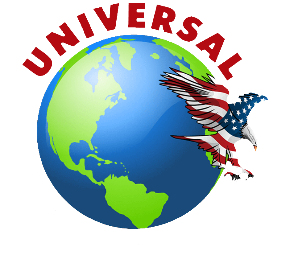 Globe with North America highlighted, a red, white, and blue eagle, and the word